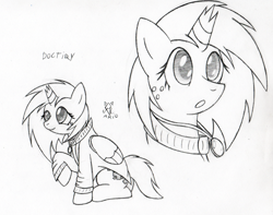 Size: 550x433 | Tagged: safe, artist:srmario, oc, oc only, oc:doctiry, alicorn, pony, :o, alicorn oc, broken horn, clothes, duo, female, freckles, grayscale, horn, lineart, mare, monochrome, open mouth, raised hoof, signature, smiling, traditional art, wings