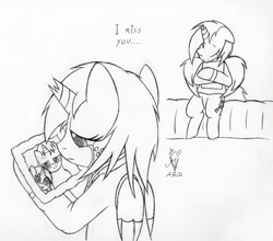 Size: 550x483 | Tagged: safe, artist:srmario, oc, oc:doctiry, alicorn, pony, alicorn oc, broken horn, bust, crying, duo, female, freckles, grayscale, horn, lineart, mare, monochrome, signature, sitting, traditional art, wings