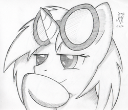 Size: 550x474 | Tagged: safe, artist:srmario, dj pon-3, vinyl scratch, pony, unicorn, g4, bust, female, grayscale, lineart, mare, monochrome, signature, smiling, solo, sunglasses, thinking, traditional art