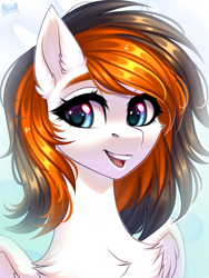 Size: 2500x3333 | Tagged: safe, artist:hakaina, oc, oc only, oc:rainy sky, pegasus, pony, bust, cheek fluff, chest fluff, commission, ear fluff, female, high res, mare, multicolored mane, portrait, solo, wings, ych result