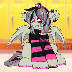 Size: 2100x2100 | Tagged: safe, artist:etoz, oc, oc only, oc:gravel shine, bat pony, pony, bat pony oc, bat wings, choker, clothes, collar, crying, ear piercing, earring, emo, eyebrow piercing, eyebrows, eyebrows down, eyebrows visible through hair, fangs, high res, jewelry, makeup, male, piercing, sad, shirt, snake bites, solo, stallion, t-shirt, wings