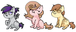 Size: 1536x653 | Tagged: safe, artist:ukulelepineapplecat, oc, oc only, earth pony, pegasus, pony, unicorn, colt, earth pony oc, eyes closed, female, filly, horn, male, offspring, one eye closed, parent:apple bloom, parent:button mash, parent:pipsqueak, parent:rumble, parent:scootaloo, parent:sweetie belle, parents:pipbloom, parents:rumbloo, parents:sweetiemash, pegasus oc, simple background, smiling, unicorn oc, white background, wings, wink
