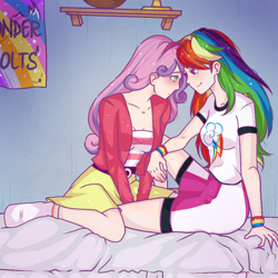 Size: 1000x1000 | Tagged: safe, artist:oniiponii, rainbow dash, sweetie belle, human, g4, 2021, alternate hairstyle, bed, bedroom, bedroom eyes, belt, blanket, blushing, clothes, commission, compression shorts, duo, female, humanized, lesbian, looking at each other, older, older sweetie belle, ship:sweetiedash, shipping, shirt, skirt, socks, stocking feet, t-shirt, wholesome