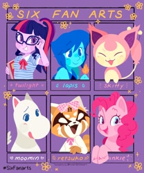 Size: 1704x2047 | Tagged: safe, artist:vanillavache, pinkie pie, sci-twi, twilight sparkle, earth pony, gem (race), pony, red panda, skitty, anthro, equestria girls, g4, :d, aggretsuko, anthro with ponies, book, bust, clothes, crossover, eyes closed, female, glasses, grin, lapis lazuli (steven universe), male, mare, moomins, pokémon, retsuko, six fanarts, smiling, steven universe, unshorn fetlocks
