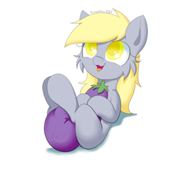 Size: 1080x1080 | Tagged: safe, artist:fajnyziomal, derpy hooves, pegasus, pony, g4, aubergine, blank flank, cheek fluff, cute, derpabetes, eggplant, female, happy, mare, open mouth, open smile, plushie, smiling, solo