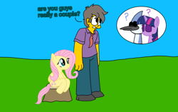 Size: 1096x690 | Tagged: safe, artist:haileykitty69, fluttershy, twilight sparkle, human, pegasus, pony, g4, aeroplanes and meteor showers, crossover shipping, female, fluttermour, male, mare, mordecai, mordetwi, question mark, regular show, seymour skinner, shipping, sitting, the simpsons