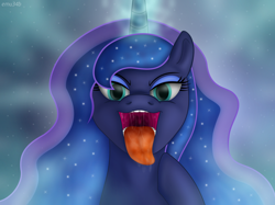 Size: 4600x3448 | Tagged: safe, artist:emu34b, princess luna, alicorn, pony, g4, bust, drool, female, high res, looking at you, lunapred, magic, mare, maw, mawshot, missing accessory, open mouth, solo, tongue out, uvula, vector