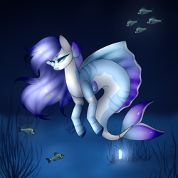 Size: 2000x2000 | Tagged: safe, artist:outlastien, oc, oc only, fish, hybrid, merpony, seapony (g4), blue eyes, blue mane, commission, crepuscular rays, dark, dorsal fin, eyelashes, female, fins, fish tail, flowing mane, flowing tail, gem, glowing, high res, looking at you, ocean, seaweed, solo, tail, underwater, water, ych result