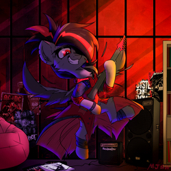 Size: 2300x2300 | Tagged: safe, artist:mjsw, oc, oc only, pegasus, pony, art trade, clothes, coat, female, grin, guitar, hard rock, heavy metal, high res, mare, musical instrument, poster, rock (music), smiling, solo