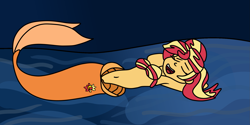 Size: 1999x1000 | Tagged: safe, artist:jadeharmony, sunset shimmer, mermaid, fanfic:sunset shimmer discovers her feet, equestria girls, g4, arm behind head, armpits, belly button, bra, crossover, cute, fanfic, fanfic art, female, mermaid tail, mermaidized, seashell bra, shimmerbetes, solo, species swap, the little mermaid, underwater