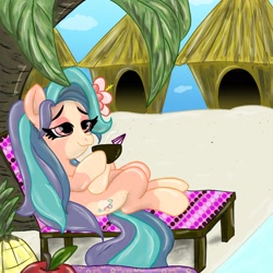 Size: 1600x1600 | Tagged: safe, artist:star14131, oc, oc only, earth pony, pony, beach, beach chair, chair, coconut cup, female, hoof on belly, relaxing, solo