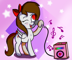 Size: 1200x1000 | Tagged: artist needed, safe, oc, oc only, oc:whisper hope, pegasus, pony, bow, female, hair bow, mare, microphone, one eye closed, simple background, singing, solo, tail bow