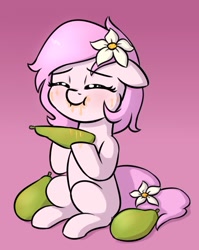 Size: 1308x1647 | Tagged: safe, artist:heretichesh, oc, oc only, oc:kayla, earth pony, pony, eating, eyes closed, female, filly, floppy ears, flower, flower in hair, fruit, gradient background, herbivore, papaya, sitting, solo