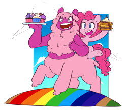 Size: 3271x2820 | Tagged: safe, artist:chub-wub, pinkie pie, centaur, earth pony, pony, taur, g4, centaurworld, cloud, crossover, cupcake, diabetes intensifies, duo, female, food, high res, mare, open mouth, pancakes, plate, rainbow, simple background, sky, transparent background, wammawink