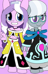 Size: 1336x2048 | Tagged: safe, artist:tenebrousmelancholy, diamond tiara, silver spoon, earth pony, anthro, unguligrade anthro, g4, belly button, clothes, digital art, dress, duo, duo female, female, glasses, holding hands, leggings, simple background, tight clothing