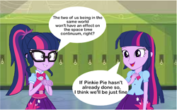 Size: 640x400 | Tagged: safe, sci-twi, twilight sparkle, human, equestria girls, g4, canterlot high, dialogue, female, hallway, lockers, self paradox, speech bubble, text, twilight day, twolight