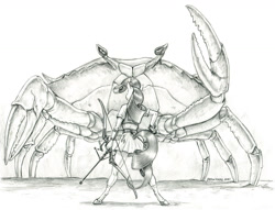 Size: 1400x1071 | Tagged: safe, artist:baron engel, rarity, crab, giant crab, unicorn, anthro, unguligrade anthro, g4, arrow, bow (weapon), bow and arrow, female, grayscale, mare, monochrome, pencil drawing, rarity fighting a giant crab, simple background, story included, traditional art, weapon, white background