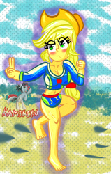 Size: 2100x3300 | Tagged: safe, artist:kamikiku, applejack, equestria girls, equestria girls specials, g4, my little pony equestria girls: better together, my little pony equestria girls: forgotten friendship, applejack's hat, beach, belly button, blushing, breasts, busty applejack, clothes, cowboy hat, female, hat, high res, peace sign, solo, standing, standing on one leg, swimsuit