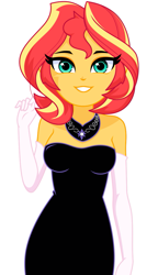 Size: 655x1136 | Tagged: safe, artist:rosemile mulberry, sunset shimmer, equestria girls, alternate hairstyle, bare shoulders, beautiful, black dress, clothes, cute, dress, female, gloves, jewelry, little black dress, looking at you, necklace, shimmerbetes, short hair, simple background, sleeveless, smiling, smiling at you, solo, strapless, white background