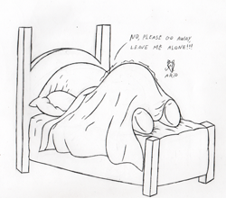 Size: 550x483 | Tagged: safe, artist:srmario, oc, oc only, oc:doctiry, pony, annoyed, bed, female, grayscale, lineart, mare, monochrome, morning ponies, pillow, signature, solo, talking, traditional art, underhoof