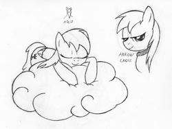 Size: 600x451 | Tagged: safe, artist:srmario, oc, oc only, pegasus, pony, bust, choker, cloud, duo, eyes closed, female, grayscale, mare, monochrome, on a cloud, pegasus oc, sleeping, traditional art