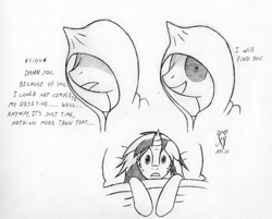 Size: 600x483 | Tagged: safe, artist:srmario, oc, oc only, oc:doctiry, pony, unicorn, broken horn, bust, creepy, dialogue, female, grayscale, hood, horn, mare, monochrome, pillow, scared, traditional art, unicorn oc, wide eyes