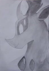 Size: 2184x3160 | Tagged: safe, artist:goldlines005, thorax, changedling, changeling, g4, bust, curved horn, grayscale, high res, horn, king thorax, male, monochrome, smiling, solo, traditional art
