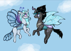 Size: 1968x1409 | Tagged: safe, artist:ukulelepineapplecat, oc, oc:libellula, oc:pixie dust, changedling, changeling, changeling queen, changepony, hybrid, changedling oc, changedling queen, changeling oc, changeling queen oc, cloud, duo, eyelashes, female, flying, interspecies offspring, offspring, outdoors, parent:king sombra, parent:queen chrysalis, parent:thorax, parent:trixie, parents:chrysombra, parents:thoraxie, smiling