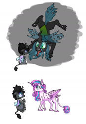 Size: 1191x1716 | Tagged: safe, artist:ukulelepineapplecat, princess flurry heart, queen chrysalis, oc, oc:libellula, alicorn, changeling, changeling queen, changepony, hybrid, pony, g4, changeling queen oc, comic, female, forked tongue, interspecies offspring, mare, offspring, older, older flurry heart, parent:king sombra, parent:queen chrysalis, parents:chrysombra, simple background, story included, tongue out, upside down, white background