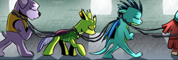 Size: 1269x425 | Tagged: safe, artist:candyclumsy, edit, changeling, diamond dog, dragon, yak, comic:revolution of harmony, chains, cropped, prison, prisoner, prisoners