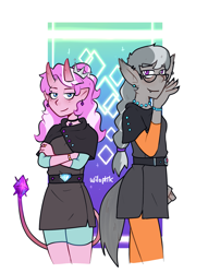 Size: 1459x1913 | Tagged: safe, artist:wiloptik, diamond tiara, silver spoon, demon, triclops, anthro, g4, beast keeping track, clothes, compression shorts, crossover, duo, ear piercing, earring, glasses, horns, human facial structure, illusion track, jewelry, leggings, necklace, piercing, pointed ears, school uniform, shorts, species swap, style emulation, tail, the owl house, third eye, three eyes, vulgar description, witch