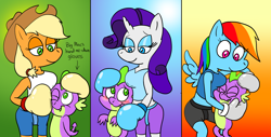 Size: 1920x976 | Tagged: safe, artist:strangefacts101, applejack, rainbow dash, rarity, spike, anthro, g4, boxing, boxing gloves, clothes, hug, noogie, shorts, sports, tank top
