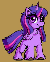 Size: 537x660 | Tagged: safe, artist:diedified, twilight sparkle, alicorn, pony, g4, brown background, chest fluff, cute, ear fluff, eye clipping through hair, female, fluffy, hoof fluff, leg fluff, mare, neck fluff, shoulder fluff, simple background, smiling, solo, twiabetes, twilight sparkle (alicorn), unshorn fetlocks, wing fluff, yellow background