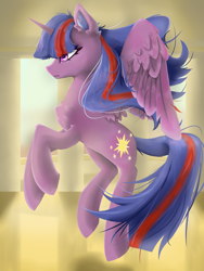 Size: 4500x6000 | Tagged: safe, artist:闪电_lightning, oc, oc:sunrise sparkle, alicorn, pony, equestria at war mod, chest fluff, ear fluff, fluffy, flying, messy mane, multicolored hair, multicolored tail, not twilight sparkle, spread wings, sunrise sparkle, wings