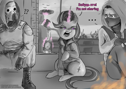 Size: 2480x1754 | Tagged: safe, artist:nire, starlight glimmer, human, pony, unicorn, g4, alcohol, backpack, bread, clothes, cyrillic, dialogue, food, gas mask, hoodie, mask, meat, russian, s.t.a.l.k.e.r., sausage, slav squat, stalin glimmer, text, vodka