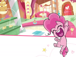 Size: 1734x1300 | Tagged: safe, pinkie pie, earth pony, pony, g4.5, my little pony: pony life, official, pony life: meet the ponies, book, cake, door, female, food, heart, mare, muffin, solo, stars, sugarcube corner, window