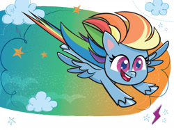 Size: 1734x1300 | Tagged: safe, rainbow dash, pegasus, pony, g4.5, my little pony: pony life, my little pony: pony life: meet the ponies, official, abstract background, book, cloud, female, flying, lightning, mare, solo, stars