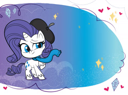 Size: 1734x1300 | Tagged: safe, rarity, pony, unicorn, g4.5, my little pony: pony life, official, pony life: meet the ponies, abstract background, beret, book, clothes, diamond, female, hat, heart, mare, scarf, solo, stars