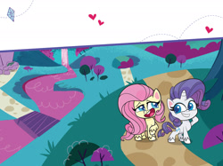 Size: 1734x1300 | Tagged: safe, fluttershy, rarity, pegasus, pony, unicorn, g4.5, my little pony: pony life, my little pony: pony life: meet the ponies, official, book, bridge, diamond, duo, female, heart, mare, path, river, tree, waterfall