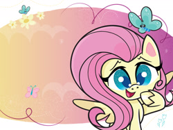 Size: 1734x1300 | Tagged: safe, fluttershy, butterfly, pegasus, pony, g4.5, my little pony: pony life, my little pony: pony life: meet the ponies, official, abstract background, book, cute, daaaaaaaaaaaw, female, flower, mare, open mouth, shyabetes, solo