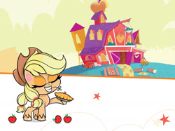 Size: 1734x1300 | Tagged: safe, applejack, earth pony, pony, g4.5, my little pony: pony life, official, pony life: meet the ponies, apple, apple pie, applejack's hat, barn, book, cowboy hat, female, food, hat, hay, herbivore, mare, pie, solo, stars, sweet apple acres, water tower