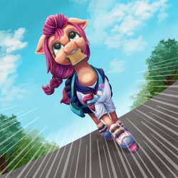 Size: 2048x2048 | Tagged: safe, artist:catscratchpaper, sunny starscout, earth pony, pony, g5, bread, clothes, cloud, female, filly, filly sunny starscout, food, high res, mare, mouth hold, ponified, roller skates, running, sailor moon (series), school uniform, schoolgirl toast, sky, solo, toast