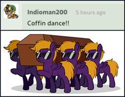 Size: 900x694 | Tagged: safe, artist:alexdti, oc, oc:purple creativity, pegasus, pony, casket, coffin dance, multeity, self ponidox, sunglasses