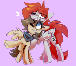 Size: 2886x2500 | Tagged: safe, artist:nekosnicker, oc, oc only, oc:scarlett lane, oc:snaggletooth, pegasus, pony, blushing, clothes, commission, freckles, high res, male, nuzzling, scarf