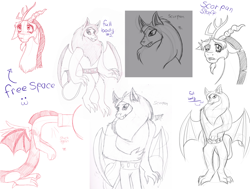 Size: 3876x2927 | Tagged: safe, artist:chibi-n92, discord, scorpan, draconequus, gargoyle, g4, bust, high res, horns, lineart, male, sketch, sketch dump, traditional art, wings