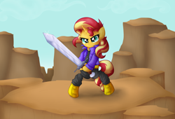 Size: 6093x4136 | Tagged: safe, artist:background basset, sunset shimmer, pony, unicorn, g4, bipedal, capsule corp, clothes, cosplay, costume, dragon ball, dragon ball z, female, future trunks, holding, solo, sword, trunks (dragon ball), weapon