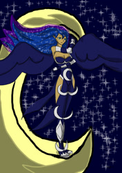 Size: 1240x1754 | Tagged: safe, artist:foxgearstudios, princess luna, human, g4, clothes, crescent moon, ethereal mane, female, humanized, moon, solo, spread wings, starry mane, transparent moon, winged humanization, wings