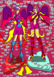 Size: 1240x1754 | Tagged: safe, artist:foxgearstudios, princess cadance, human, g4, abstract background, clothes, duality, duo, female, humanized, skirt, spread wings, time paradox, winged humanization, wings