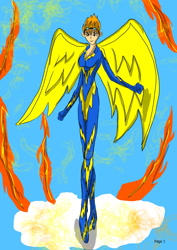 Size: 1240x1754 | Tagged: safe, artist:foxgearstudios, spitfire, human, g4, clothes, female, goggles, humanized, latex, latex suit, signature, solo, spread wings, uniform, winged humanization, wings, wonderbolts uniform