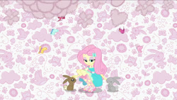 Size: 3410x1920 | Tagged: safe, screencap, fluttershy, bird, butterfly, rabbit, equestria girls, g4, my little pony equestria girls: better together, animal, clothes, cute, cutie mark, cutie mark on clothes, daaaaaaaaaaaw, eyes closed, geode of fauna, hairpin, intro, jewelry, magical geodes, necklace, shyabetes, smiling, solo